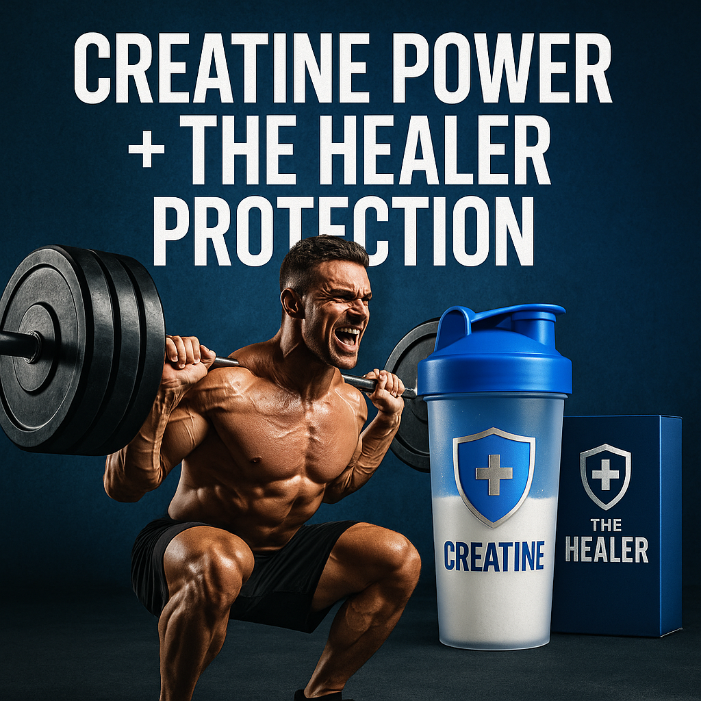 Athlete lifting heavy weights with creatine powder and The Healer supplement pack, symbolizing muscle growth and vital organ protection.